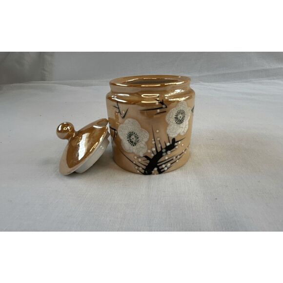 Vintage Lusterware Salt/Pepper/Sugar Set in Holder, Peach Flowers, Made in Japan - Picture 10 of 11